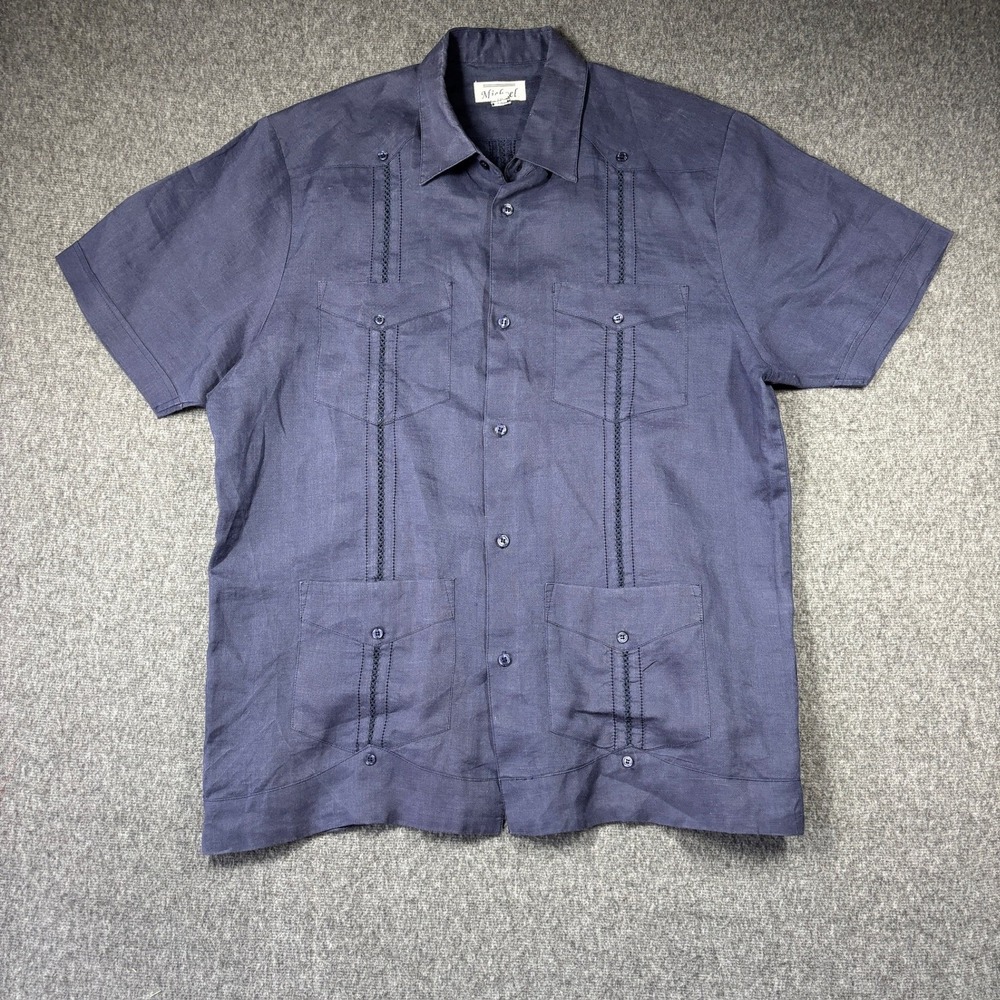 Michael Mens Navy Blue 100% Linen Guayabera Short Sleeve Button Down Shirt L